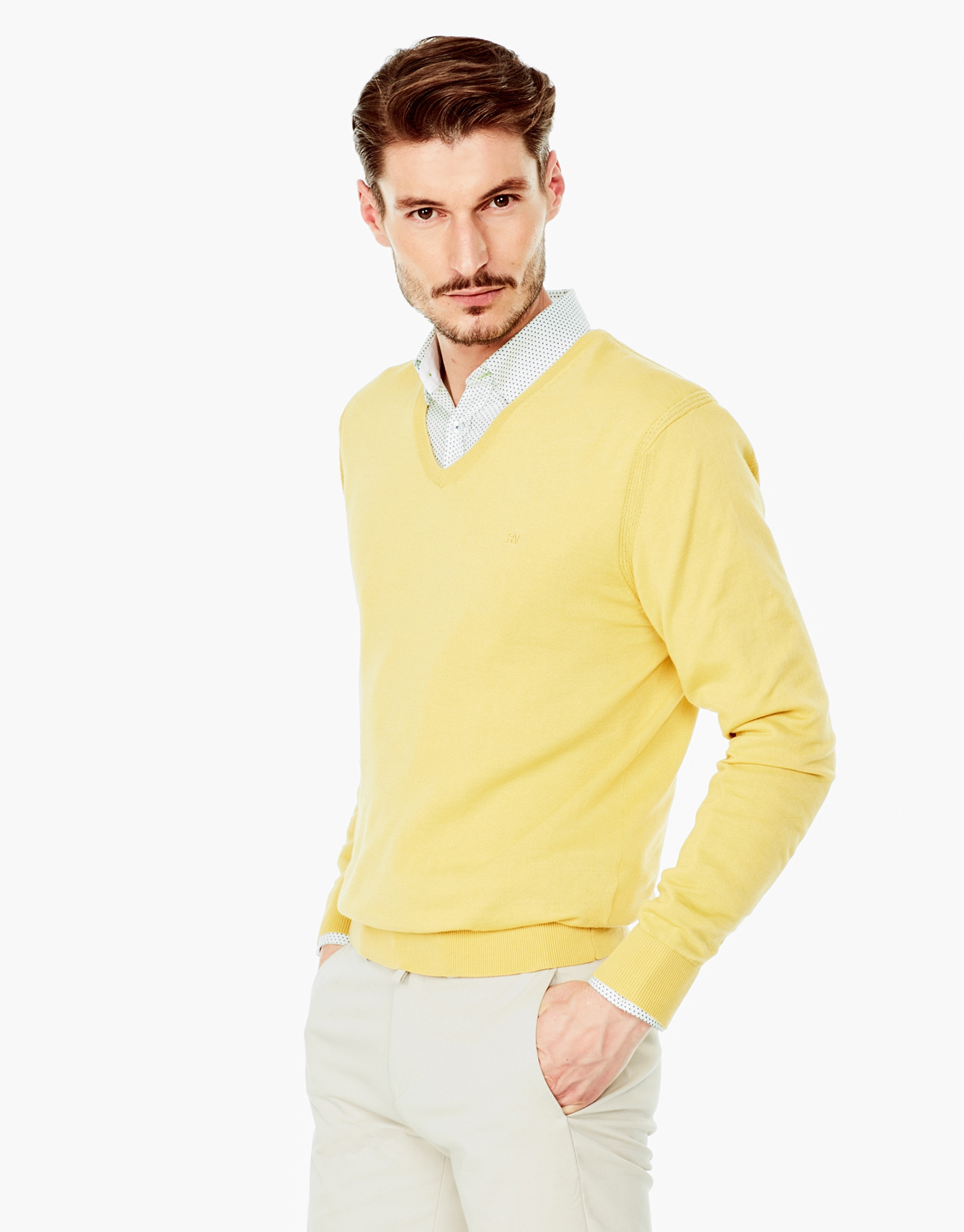 Yellow cotton V-neck sweater