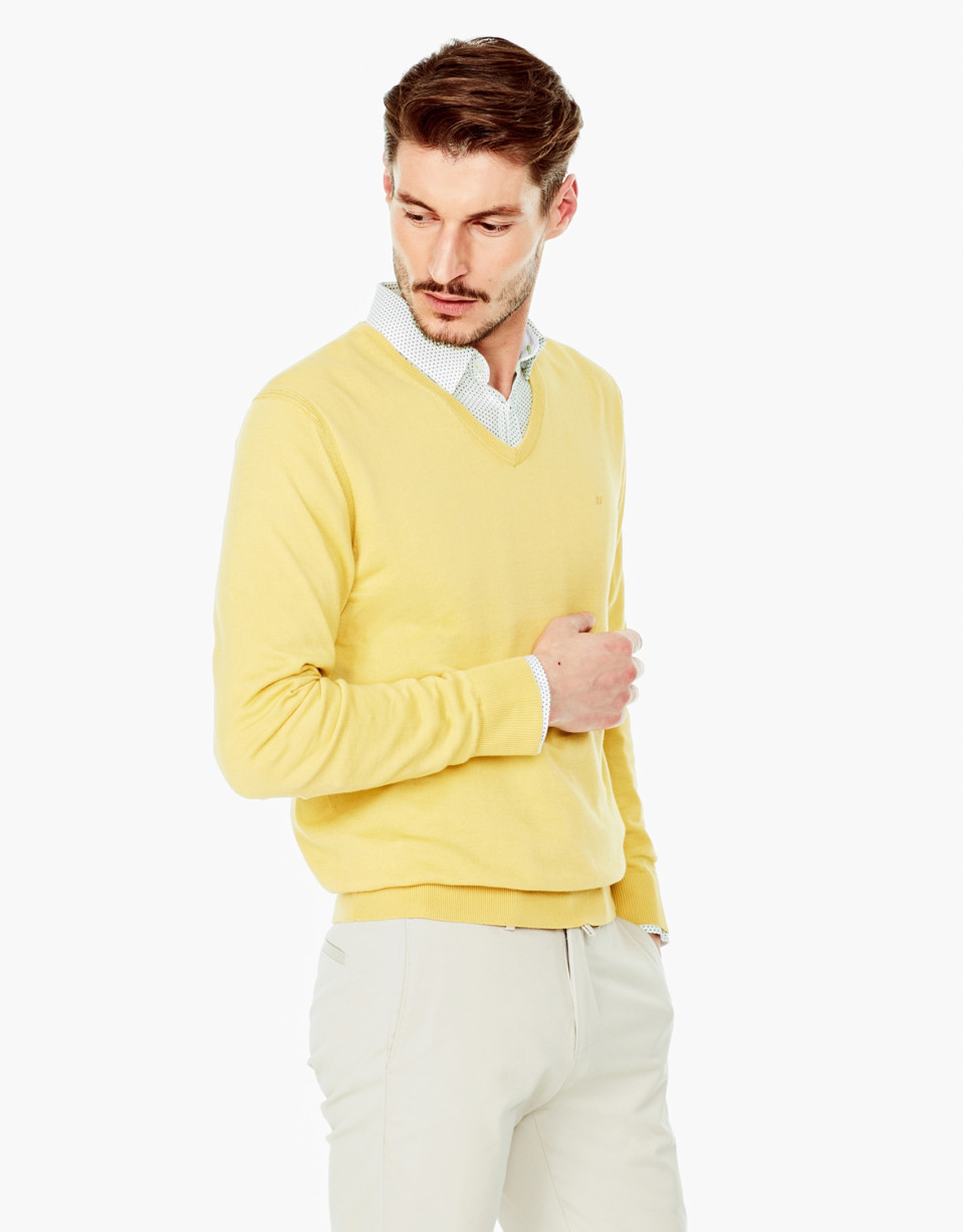 Yellow cotton V-neck sweater