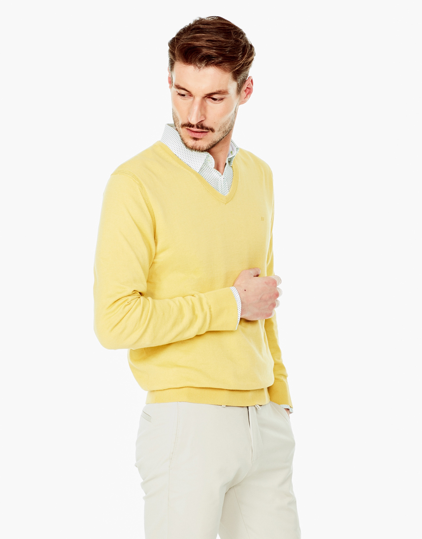 Yellow cotton V-neck sweater