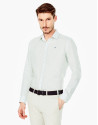 Navy blue and green print linen sport shirt