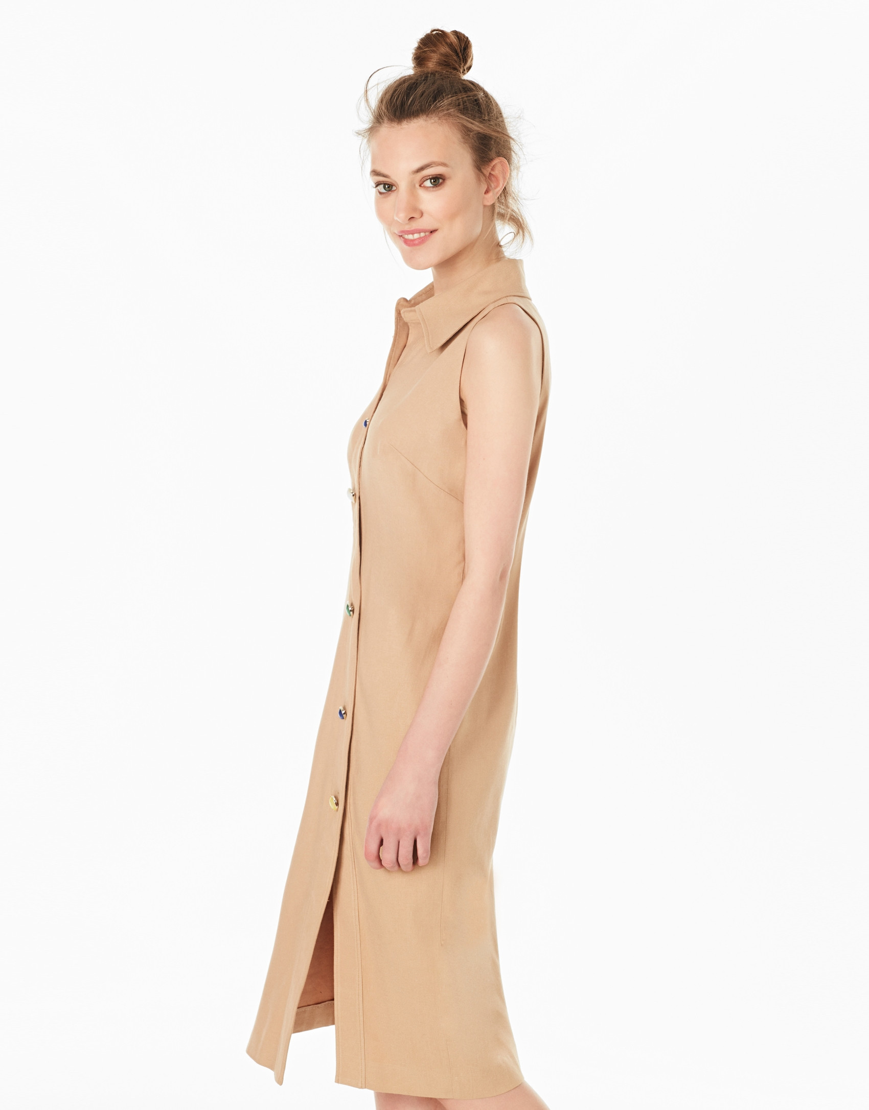 Camel sleeveless shirtwaist dress