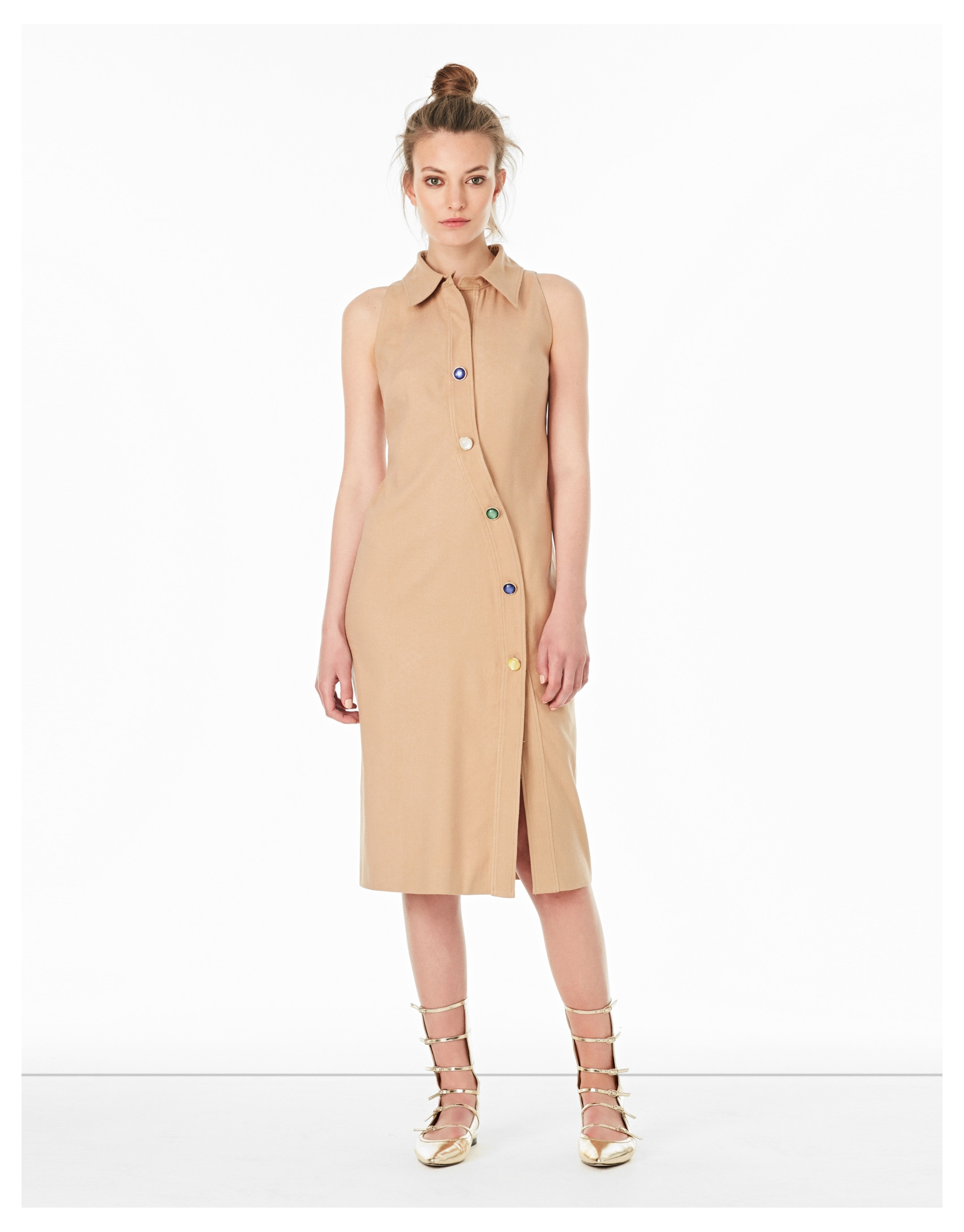 Camel sleeveless shirtwaist dress