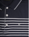 White and navy blue striped polo shirt
