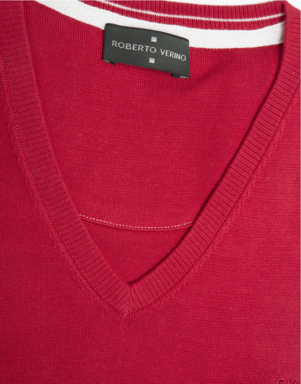 Red cotton V-neck sweater