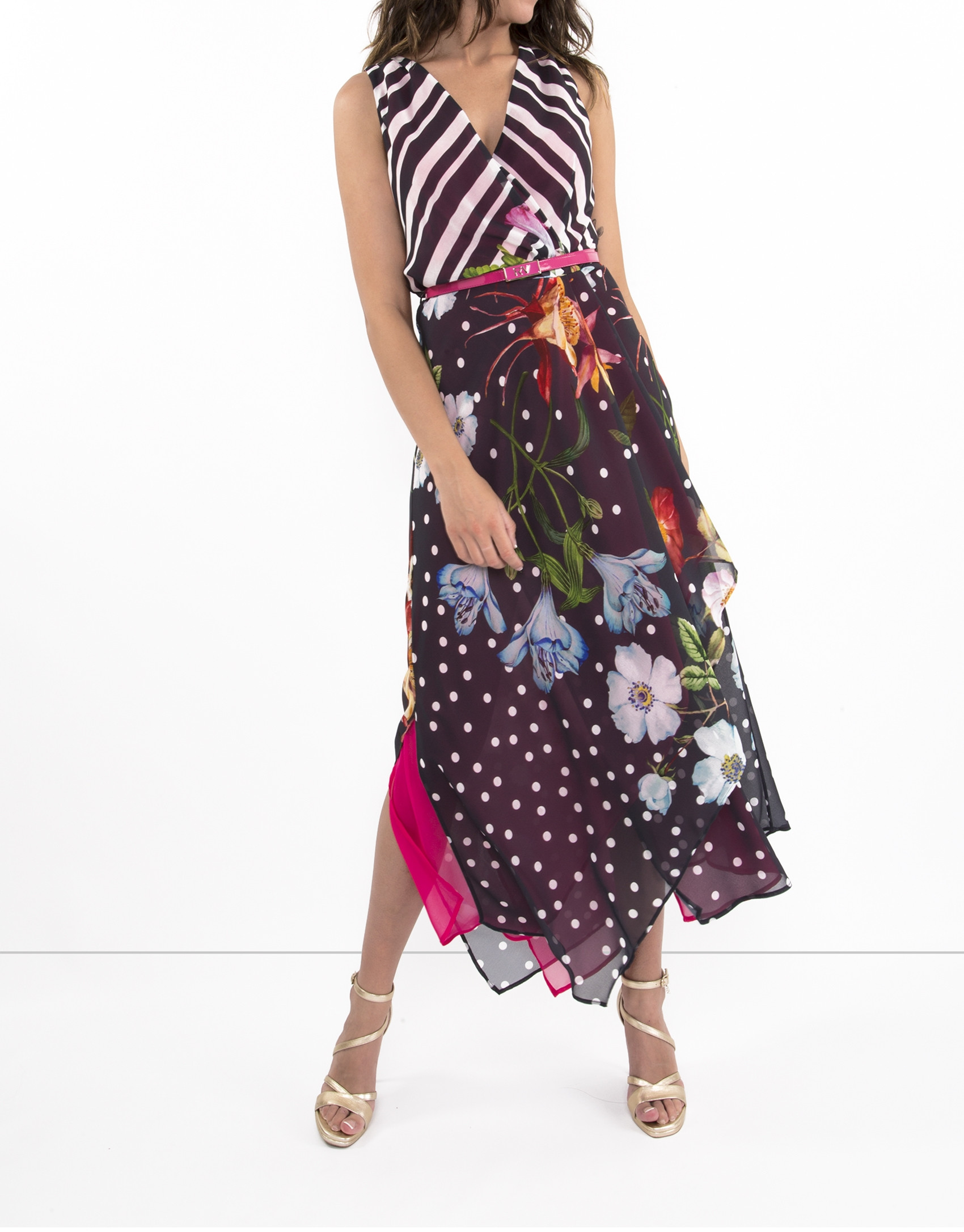 Striped dress with floral design and fuchsia lining