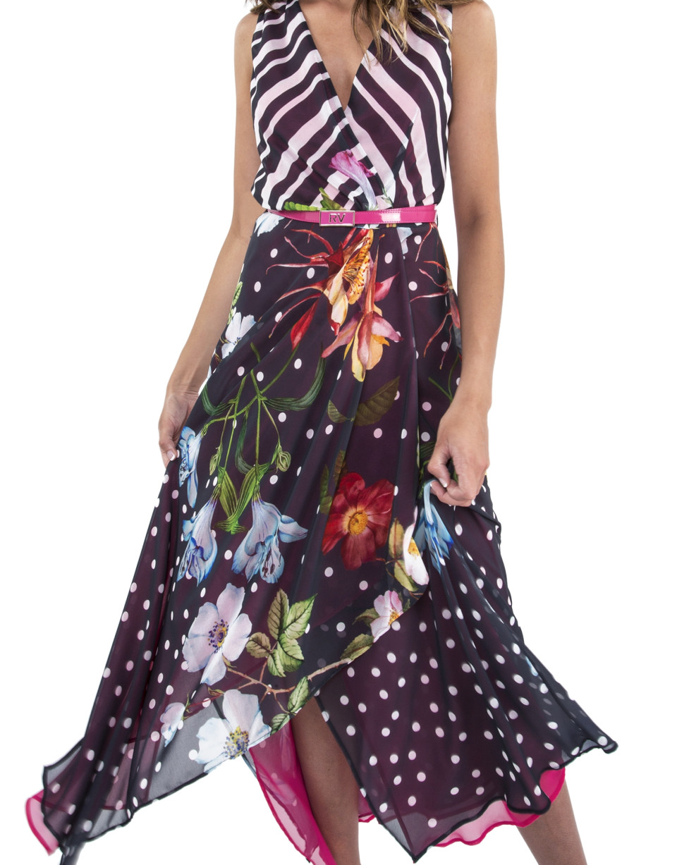 Striped dress with floral design and fuchsia lining