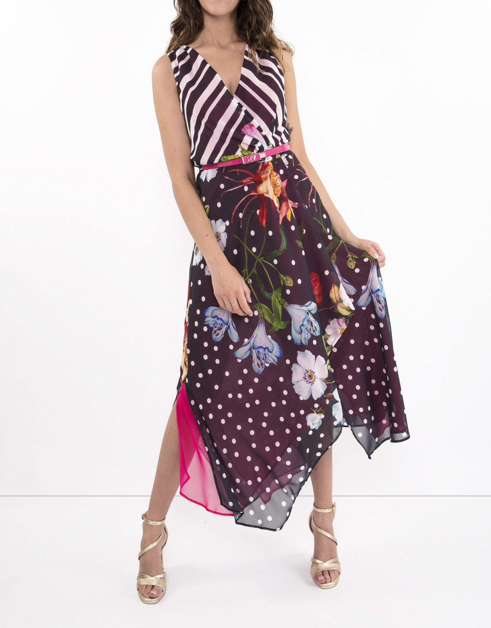 Striped dress with floral design and fuchsia lining