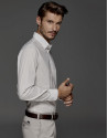 White shirt with brown microprint