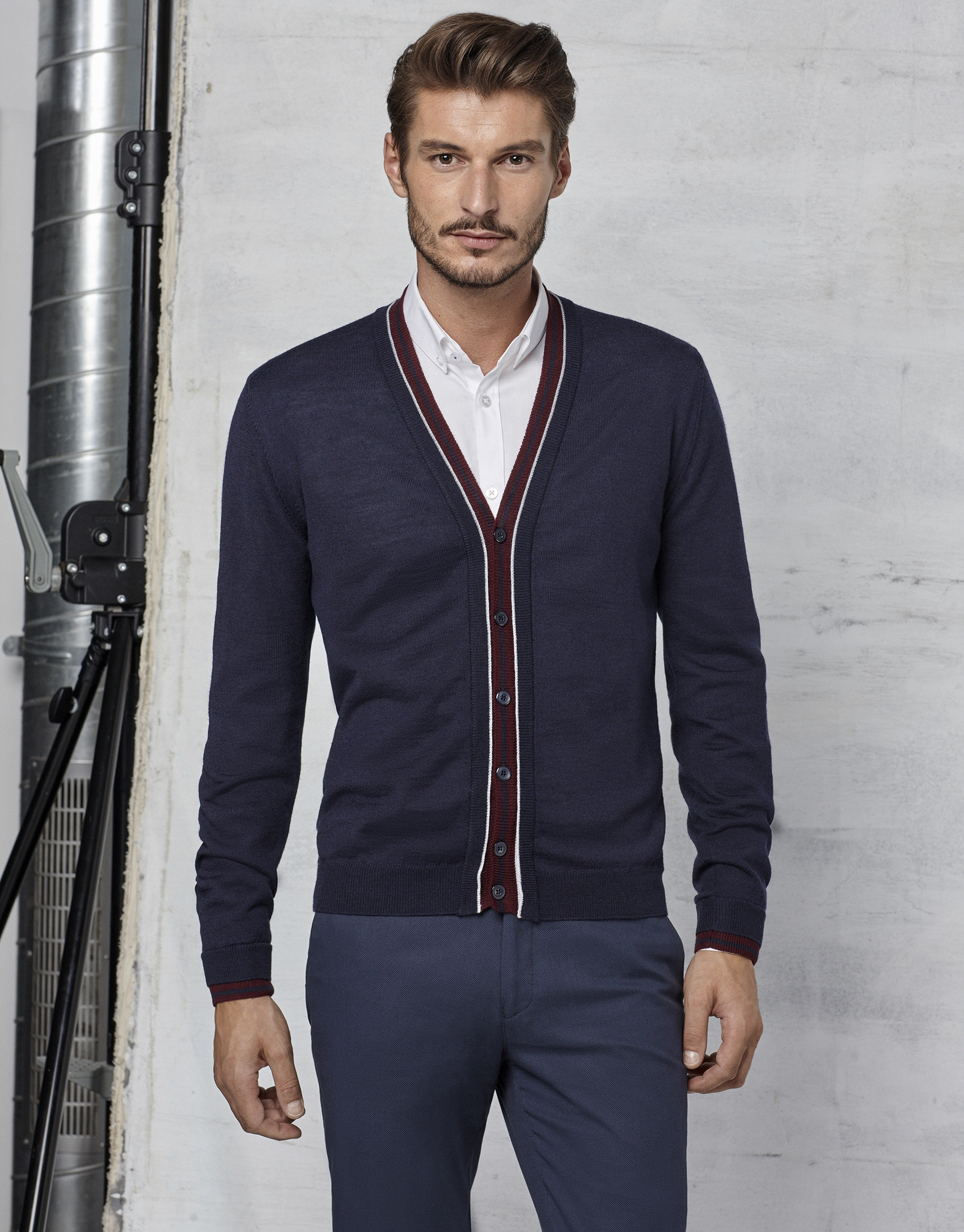 Navy blue cardigan with maroon and ivory contrasts