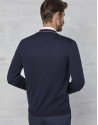 Navy blue cardigan with maroon and ivory contrasts