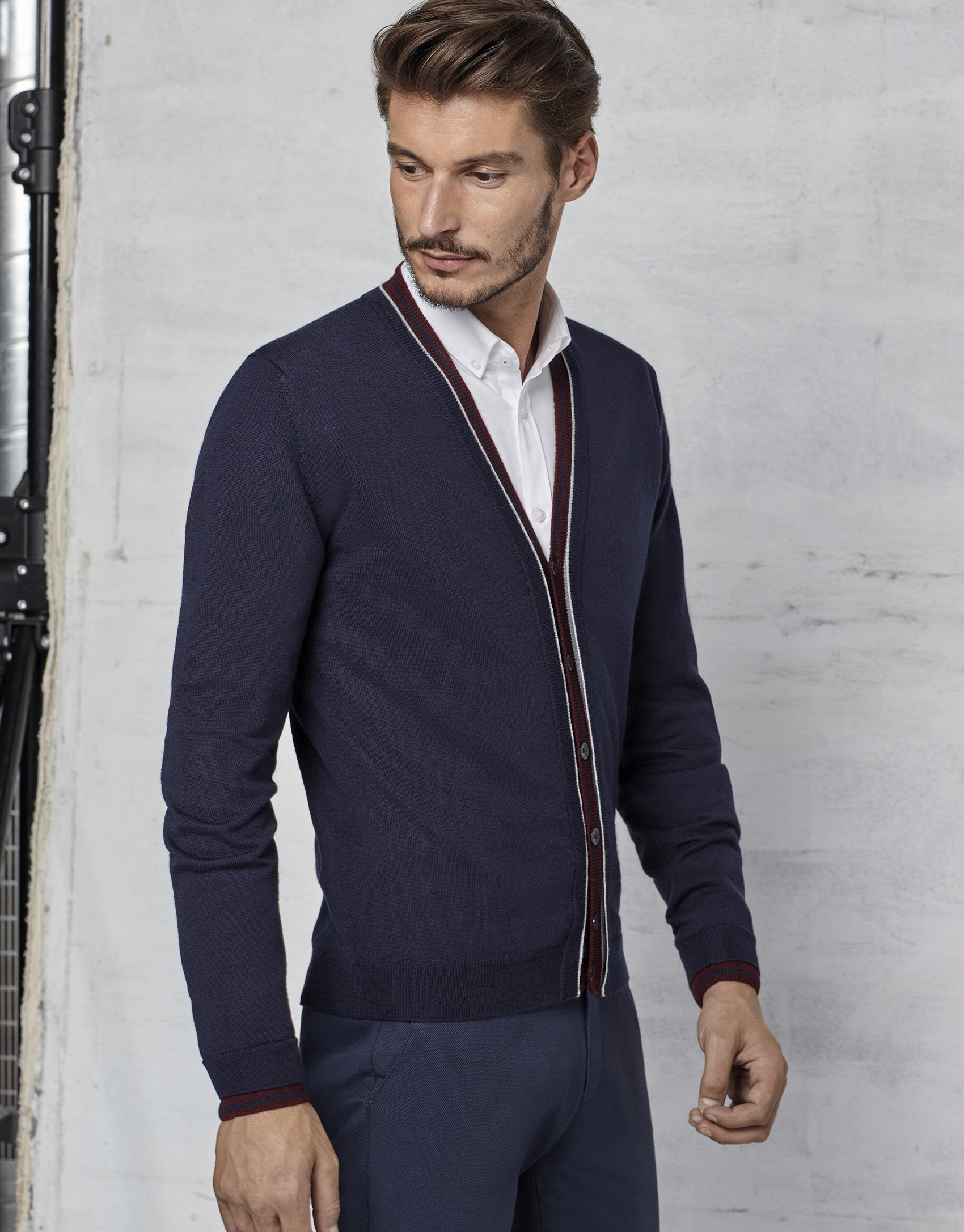 Navy blue cardigan with maroon and ivory contrasts