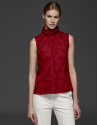 Maroon top with high draped collar