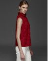 Maroon top with high draped collar