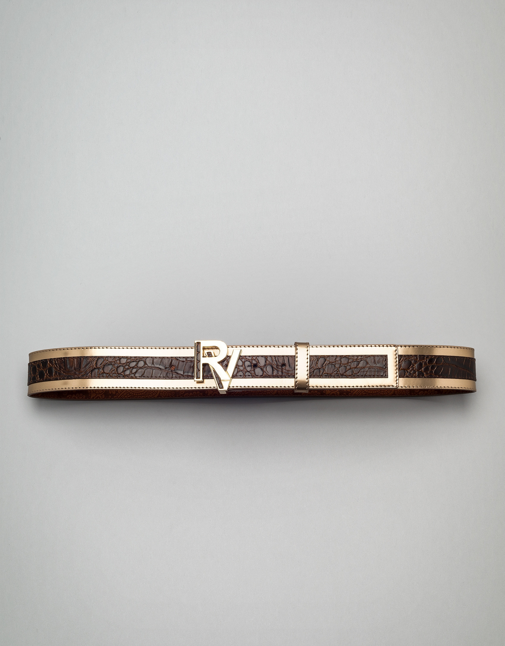 Brown alligator and black patent leather belt