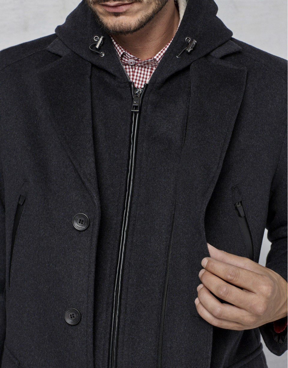 Dark grey coat with yoke and removable hood