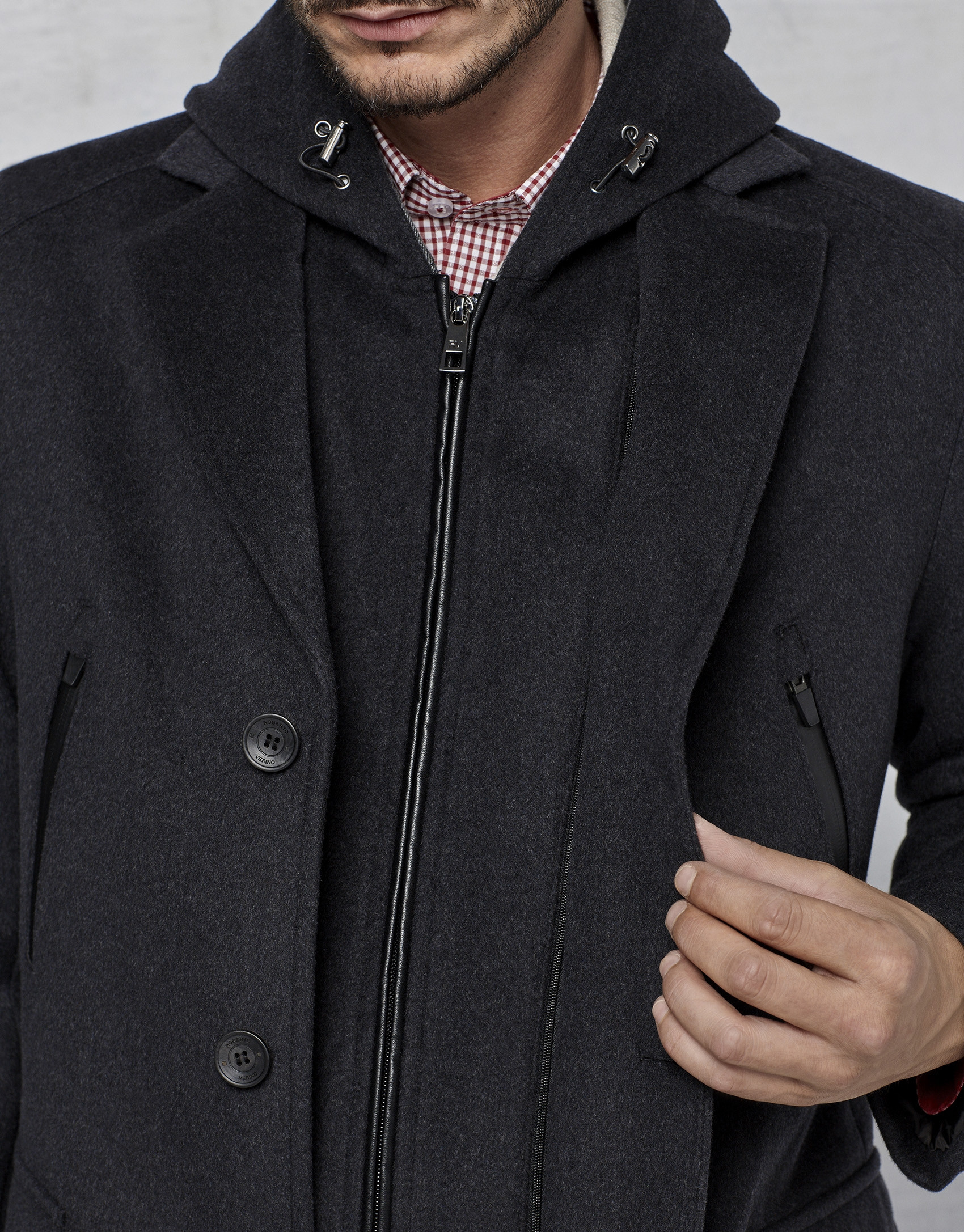 Dark grey coat with yoke and removable hood