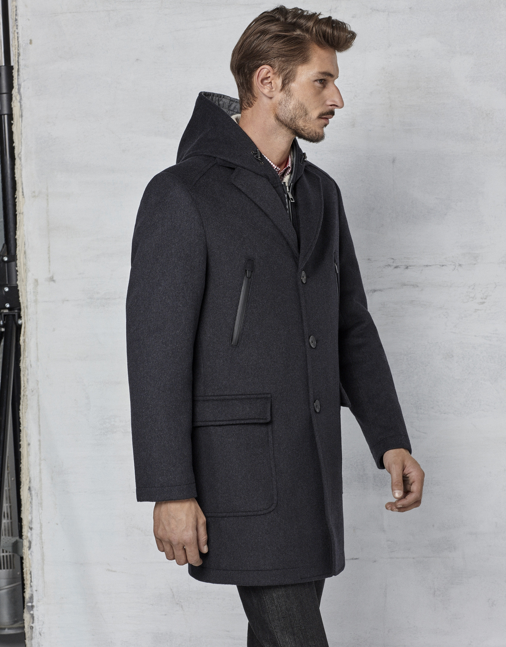 Dark grey coat with yoke and removable hood