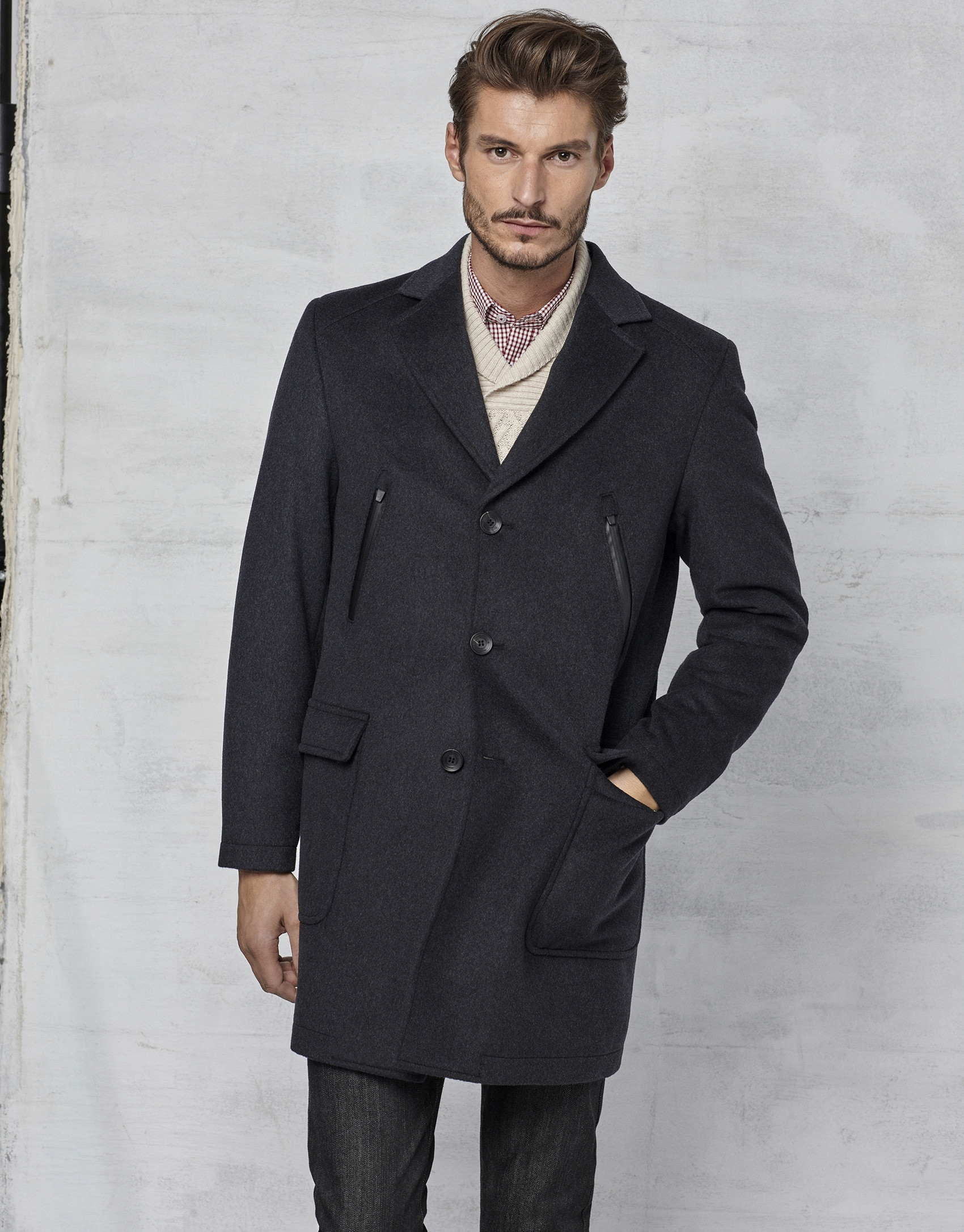 Dark grey coat with yoke and removable hood