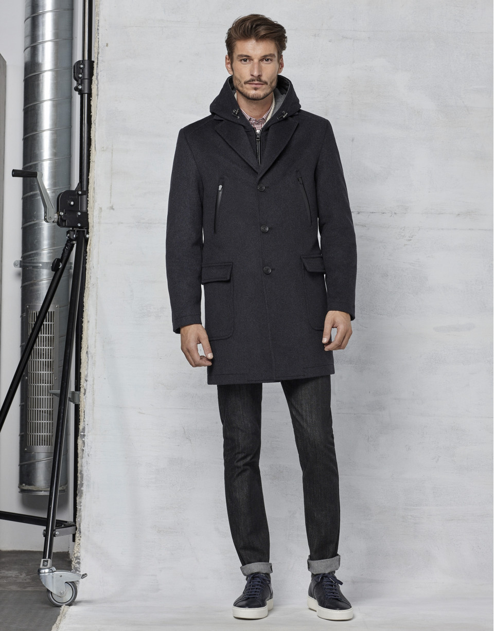 Dark grey coat with yoke and removable hood