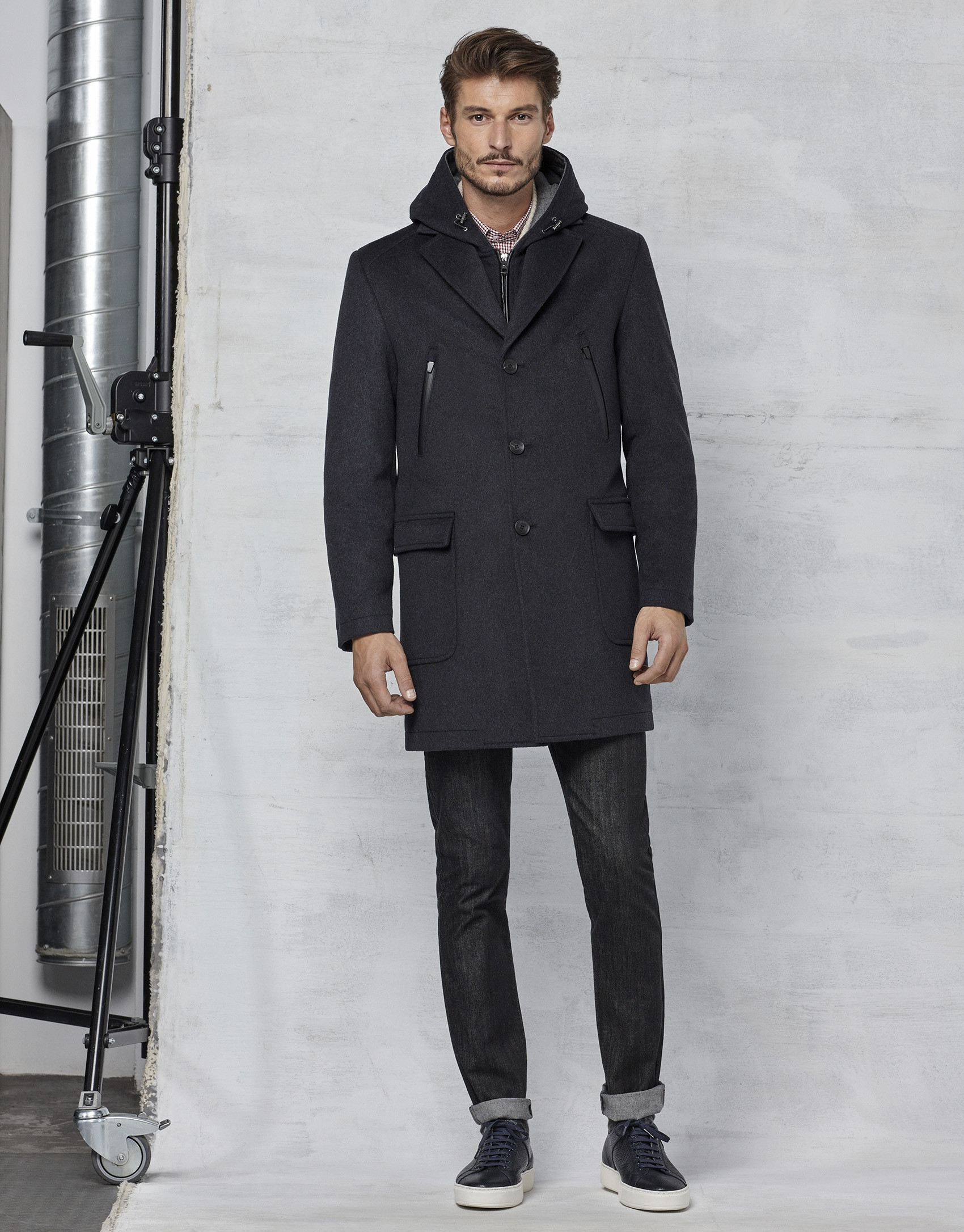 Dark grey coat with yoke and removable hood