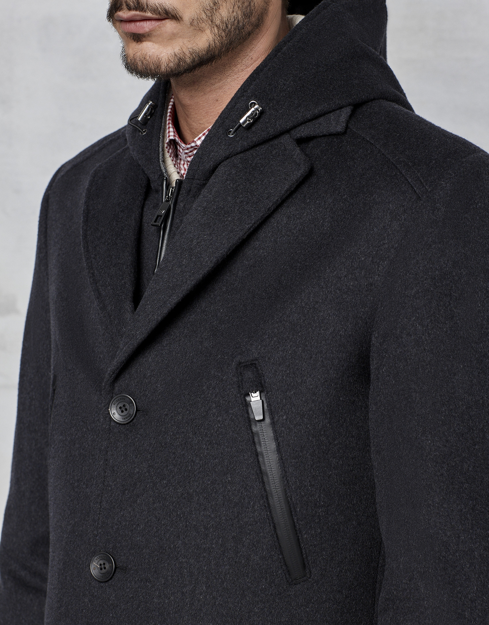 Dark grey coat with yoke and removable hood