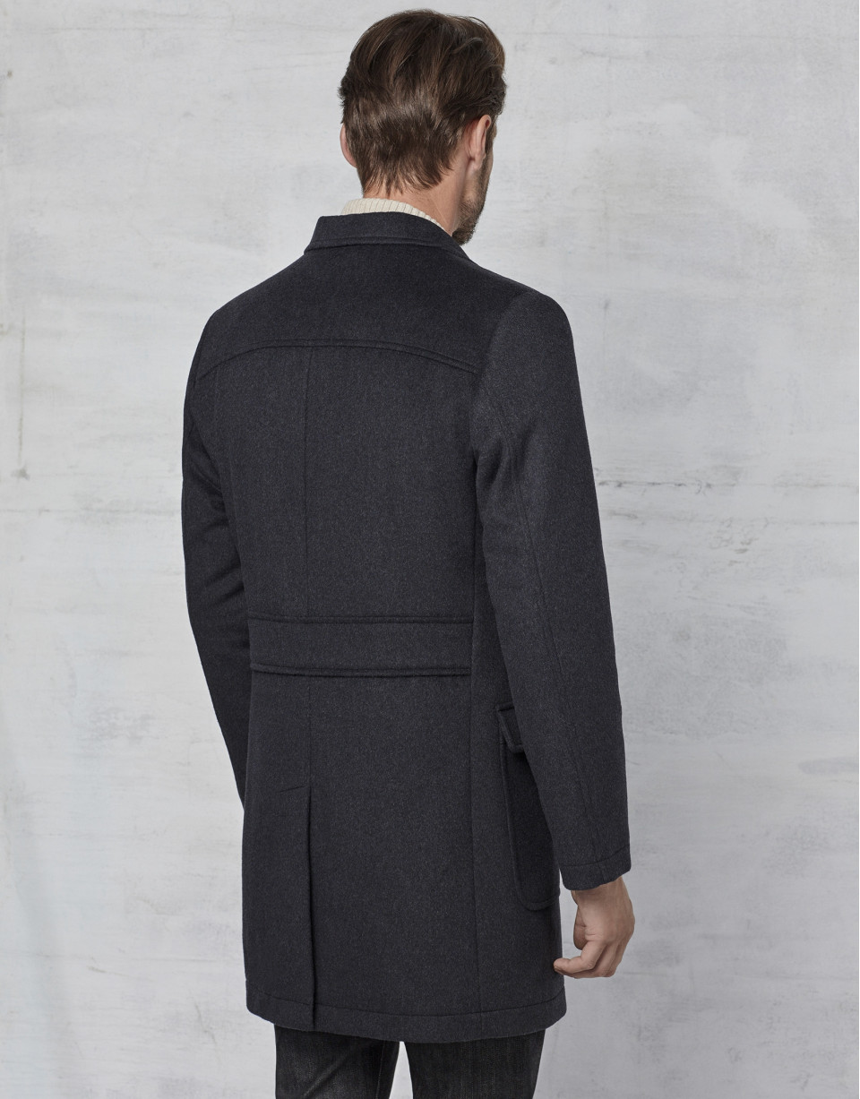 Dark grey coat with yoke and removable hood