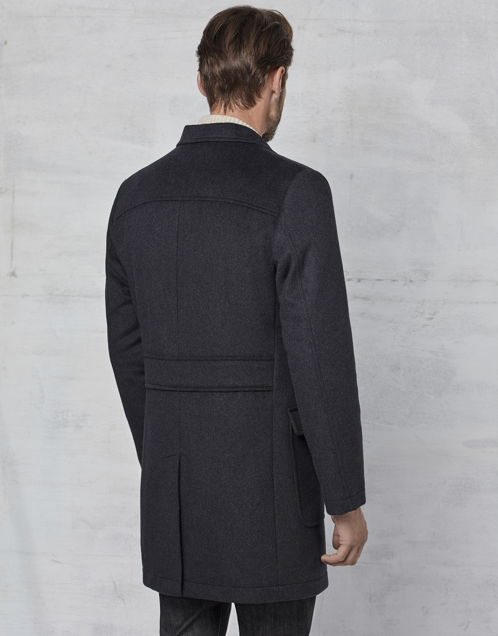Dark grey coat with yoke and removable hood
