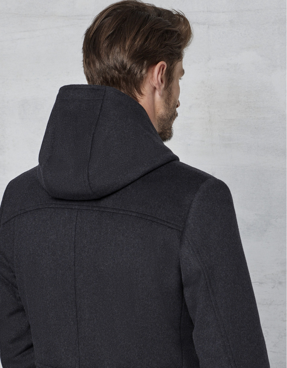 Dark grey coat with yoke and removable hood