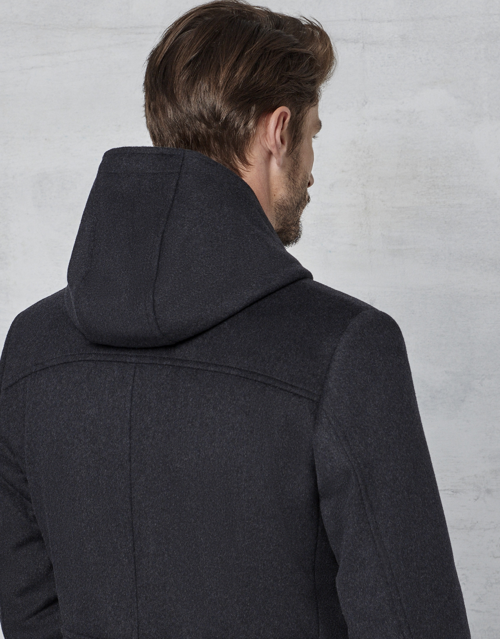 Dark grey coat with yoke and removable hood