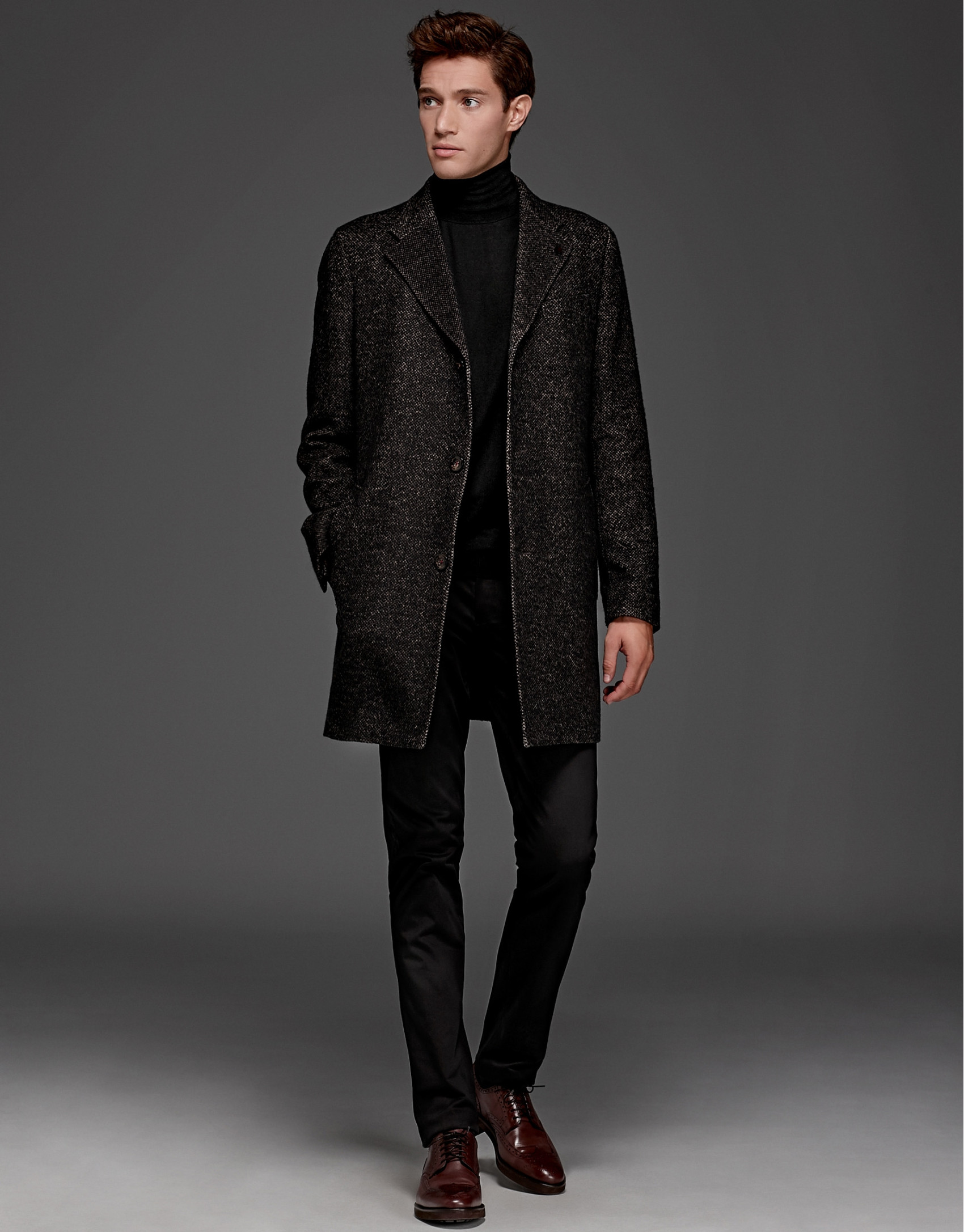 Black and tan wool coat with classic, straight cut