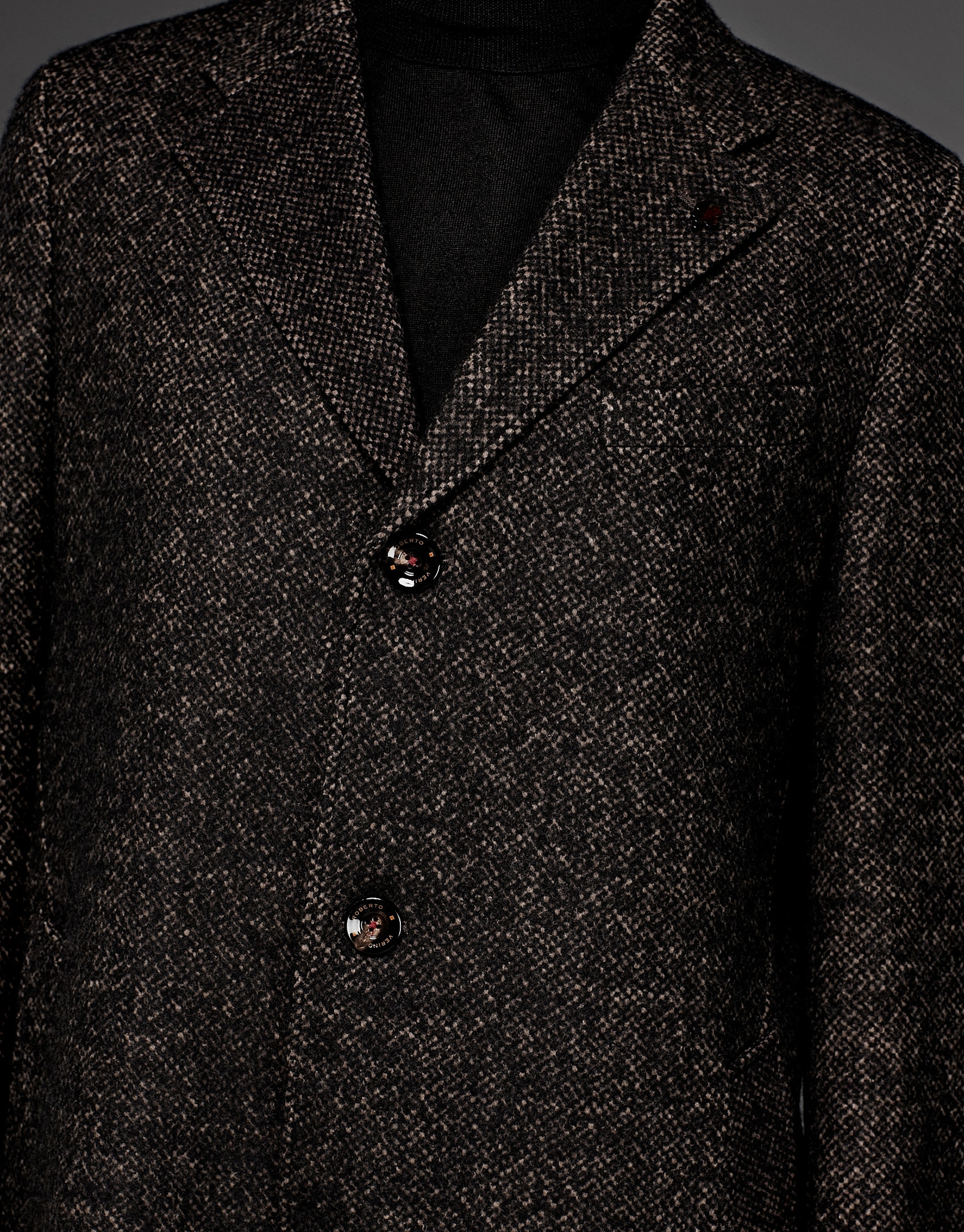 Black and tan wool coat with classic, straight cut