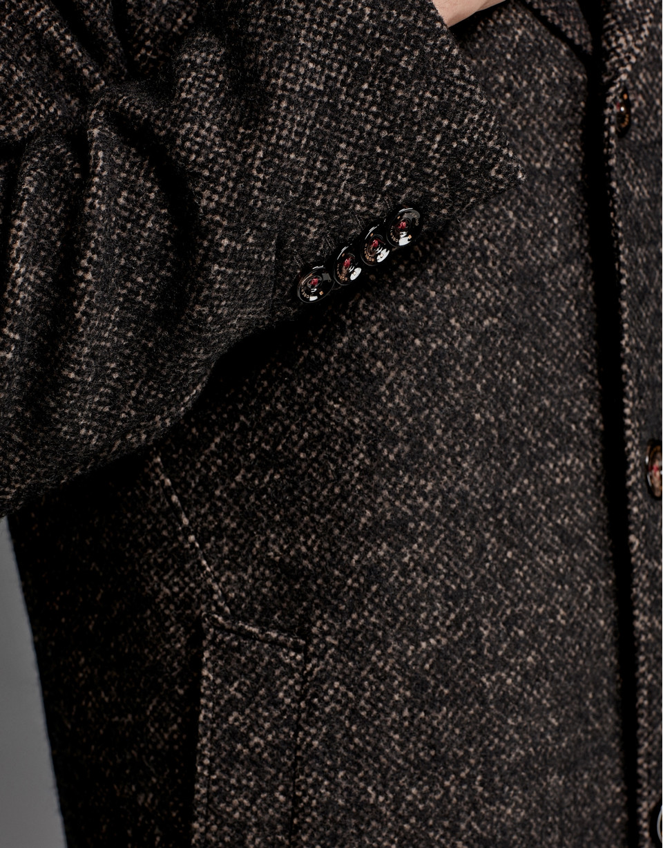 Black and tan wool coat with classic, straight cut
