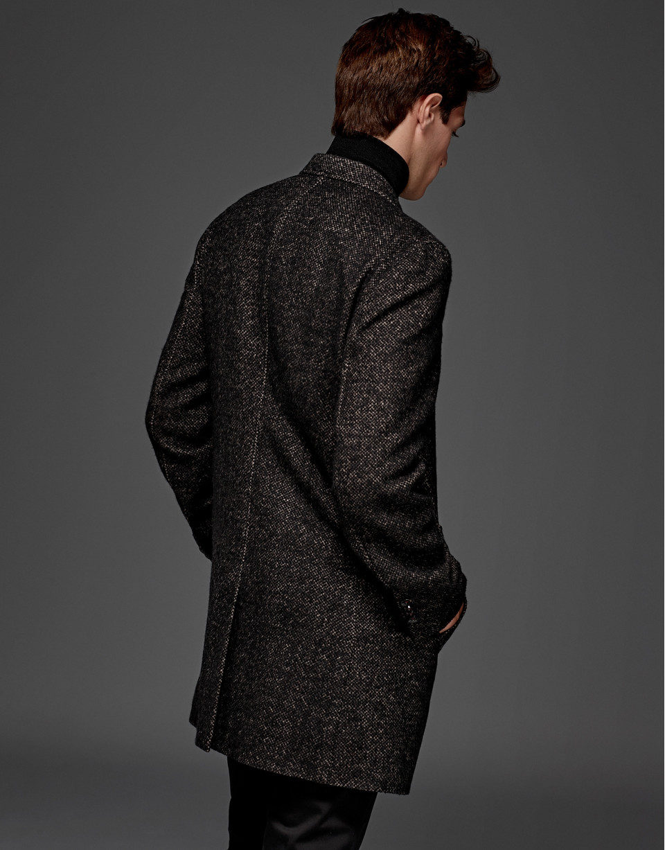 Black and tan wool coat with classic, straight cut