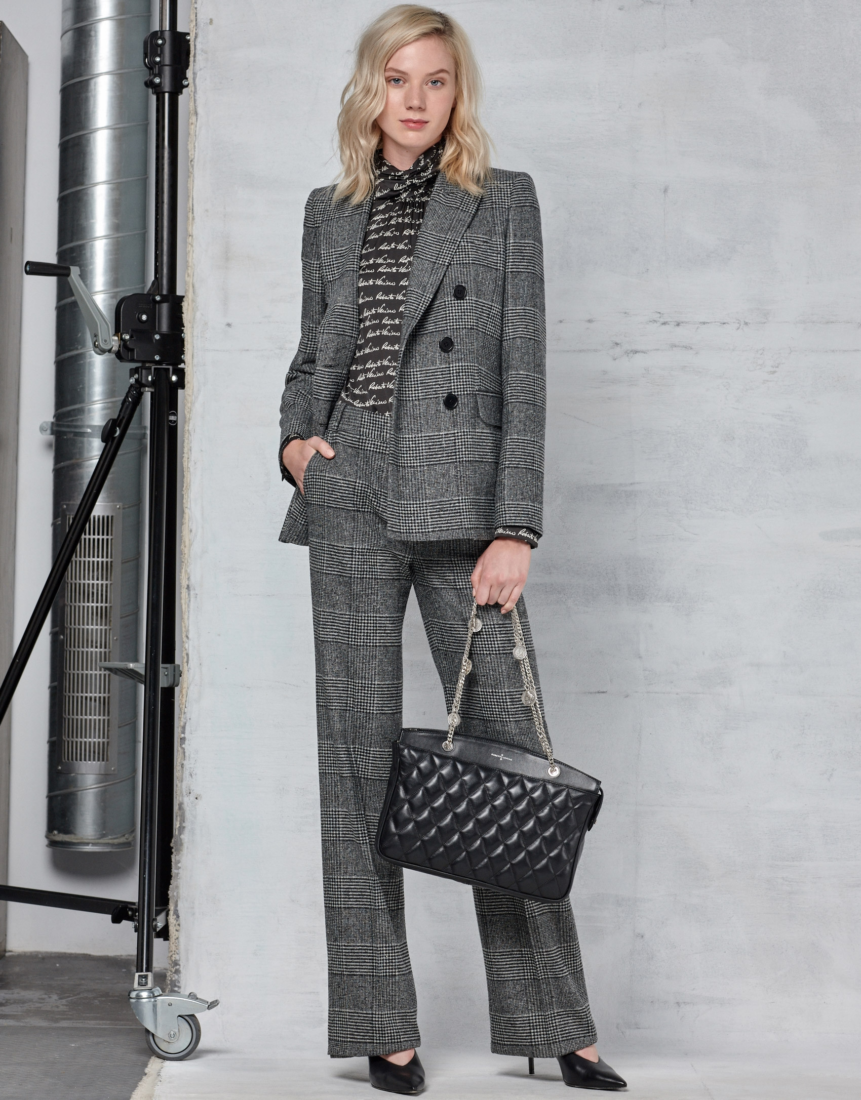 Gray glen plaid and hounds tooth double-breasted jacket