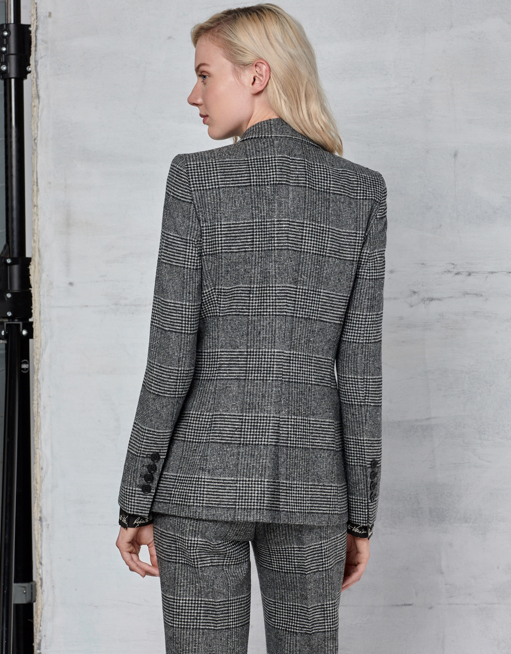 Gray glen plaid and hounds tooth double-breasted jacket