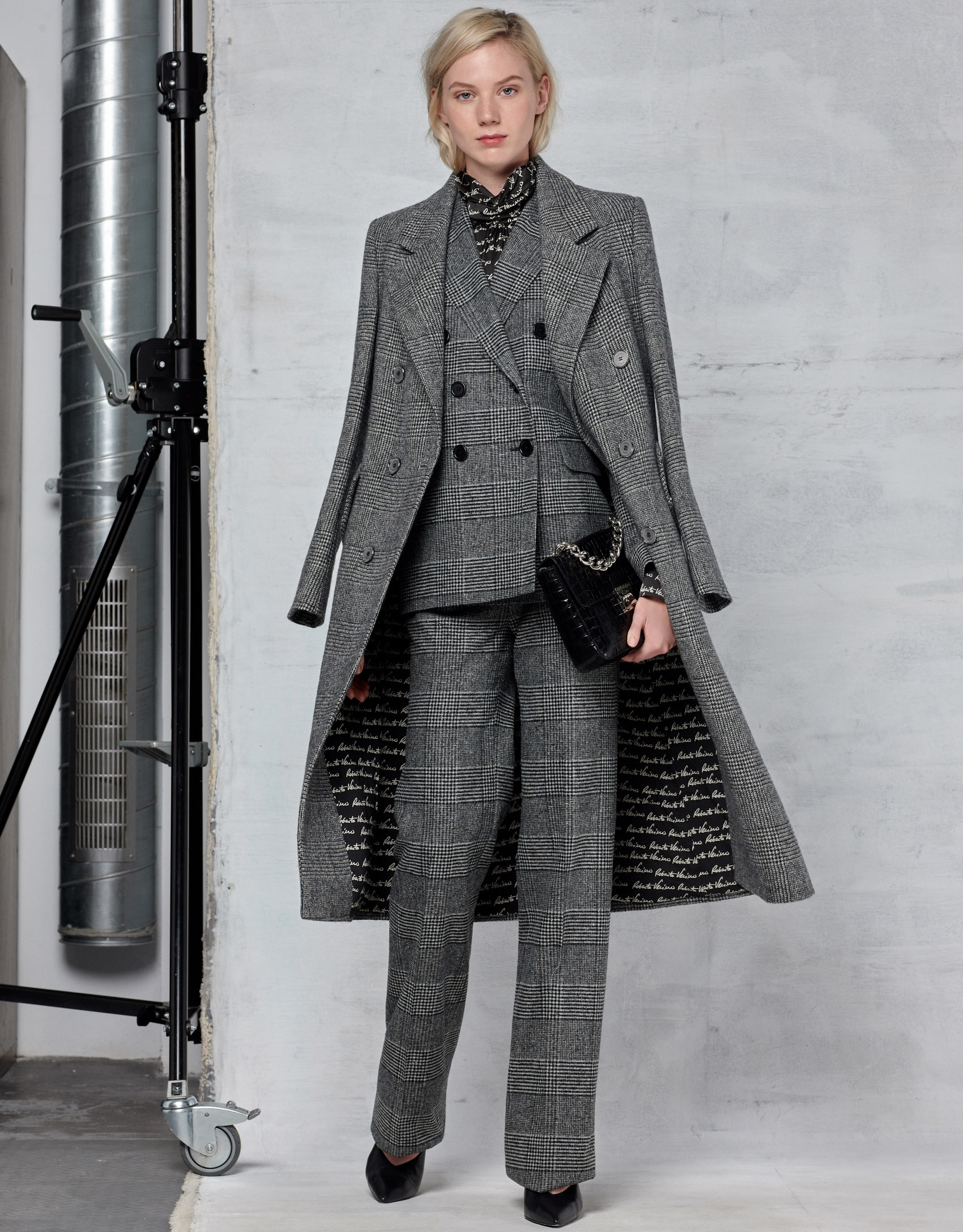 Gray glen plaid and hounds tooth double-breasted jacket