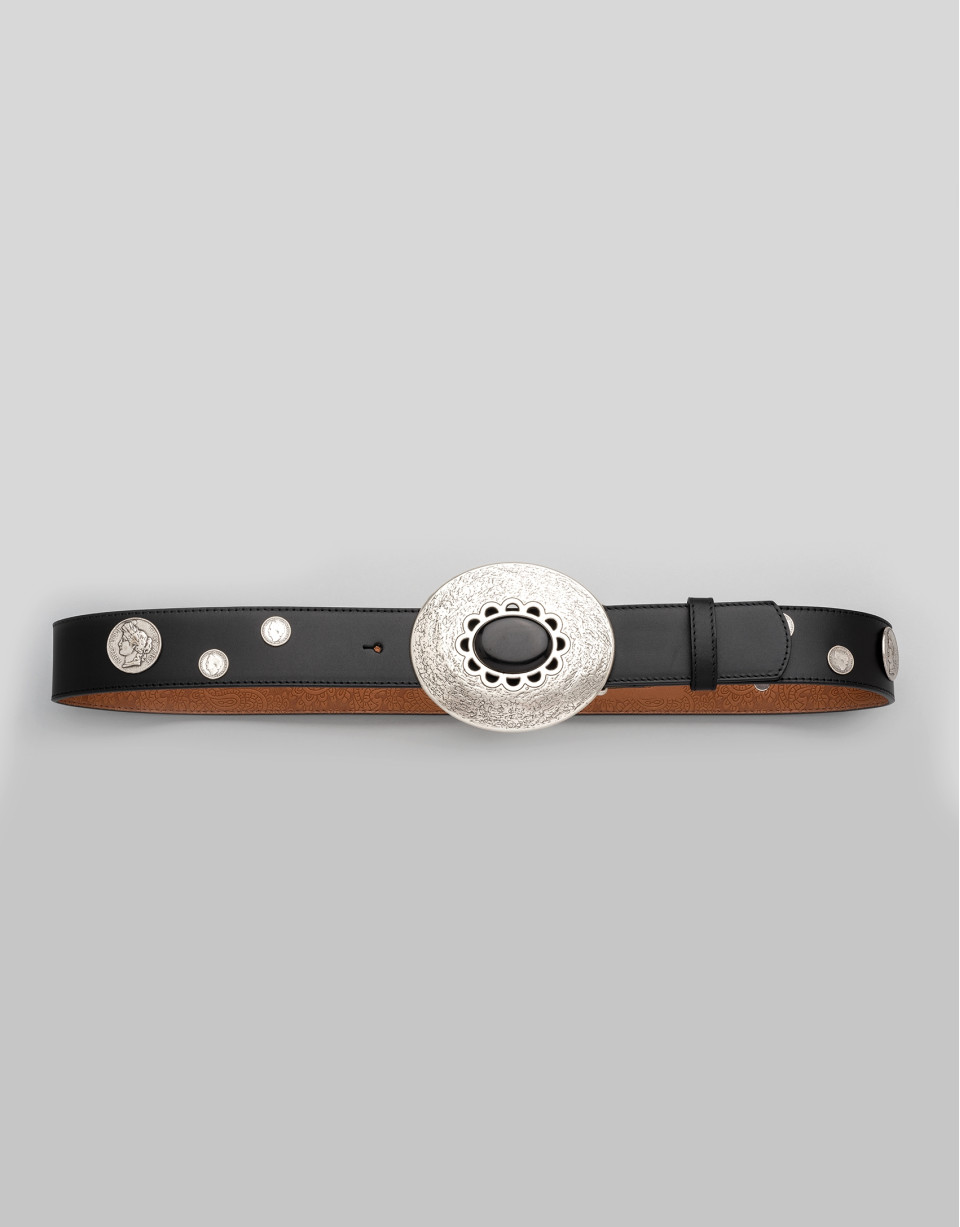 Black leather belt with coin adornments