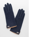 Guantes punto azul con ribete piel beige