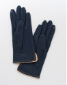 Blue knit gloves with beige leather trim