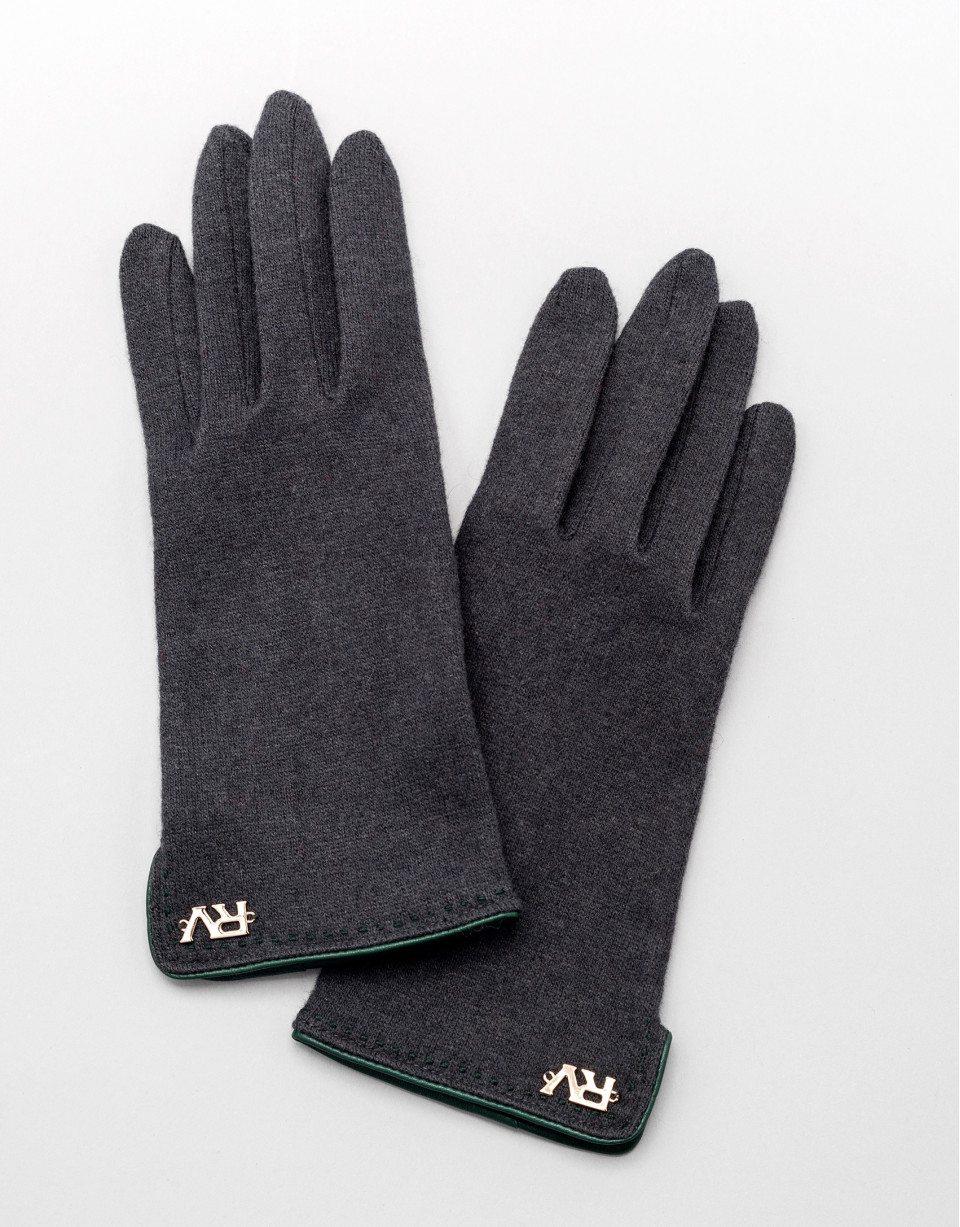 Guantes punto gris con ribete piel verde