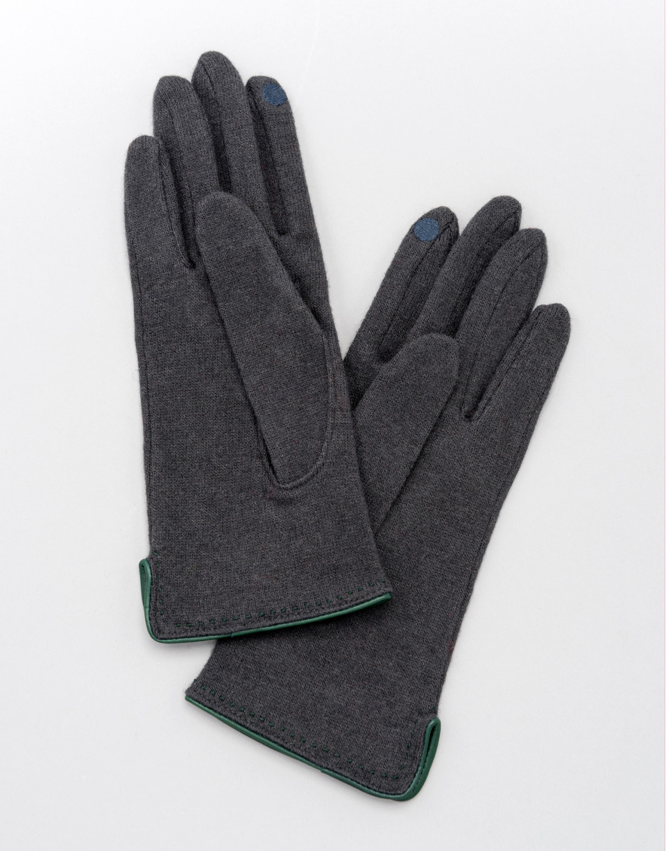 Guantes punto gris con ribete piel verde