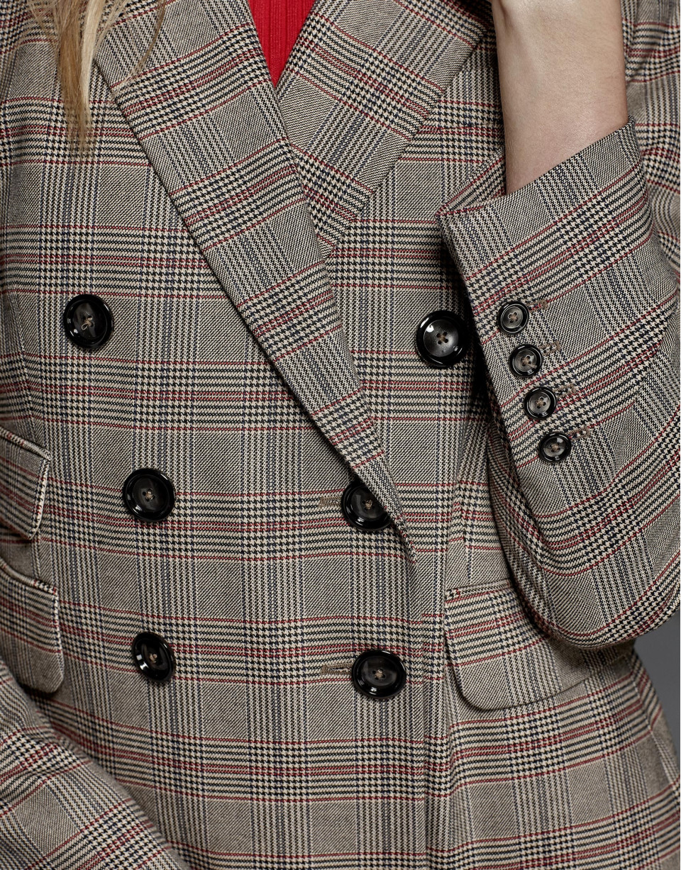 Red double-breasted glen plaid jacket