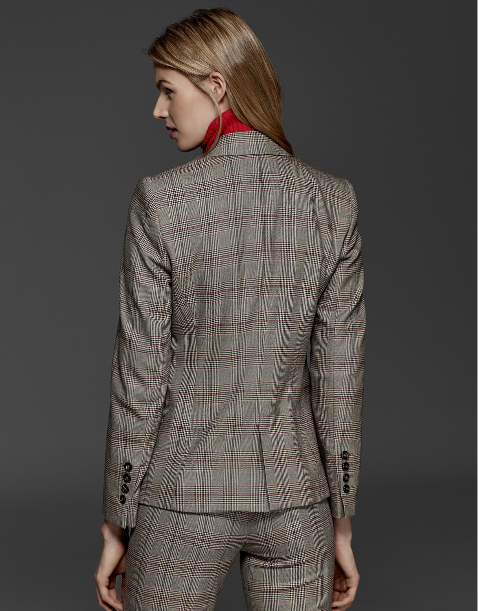 Red double-breasted glen plaid jacket