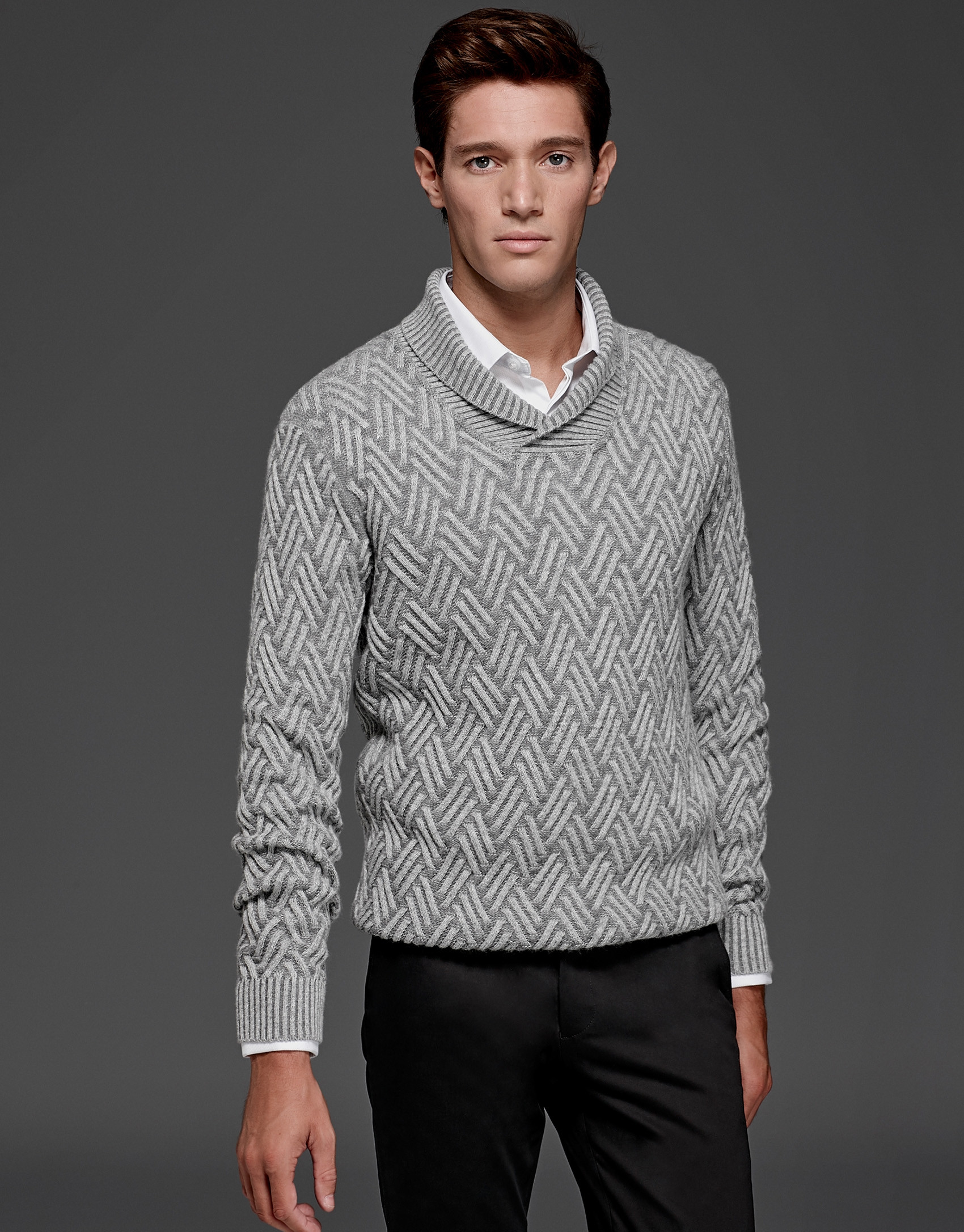 Gray sweater with tuxedo collar