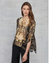 Copper and gold print devoré loose blouse with bat sleeves