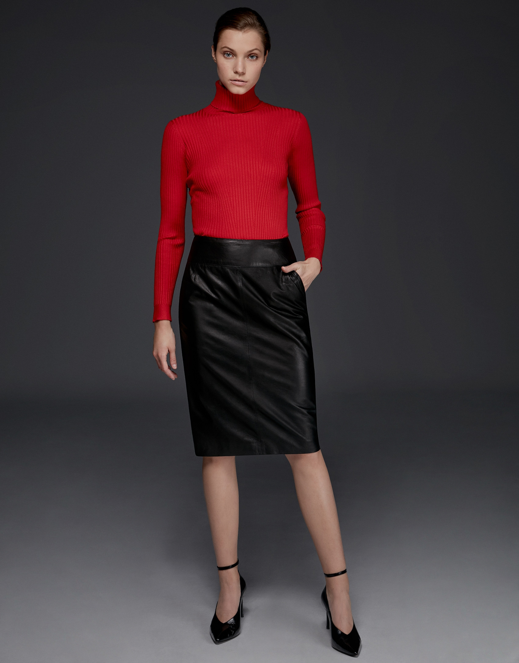Black lambskin pencil skirt