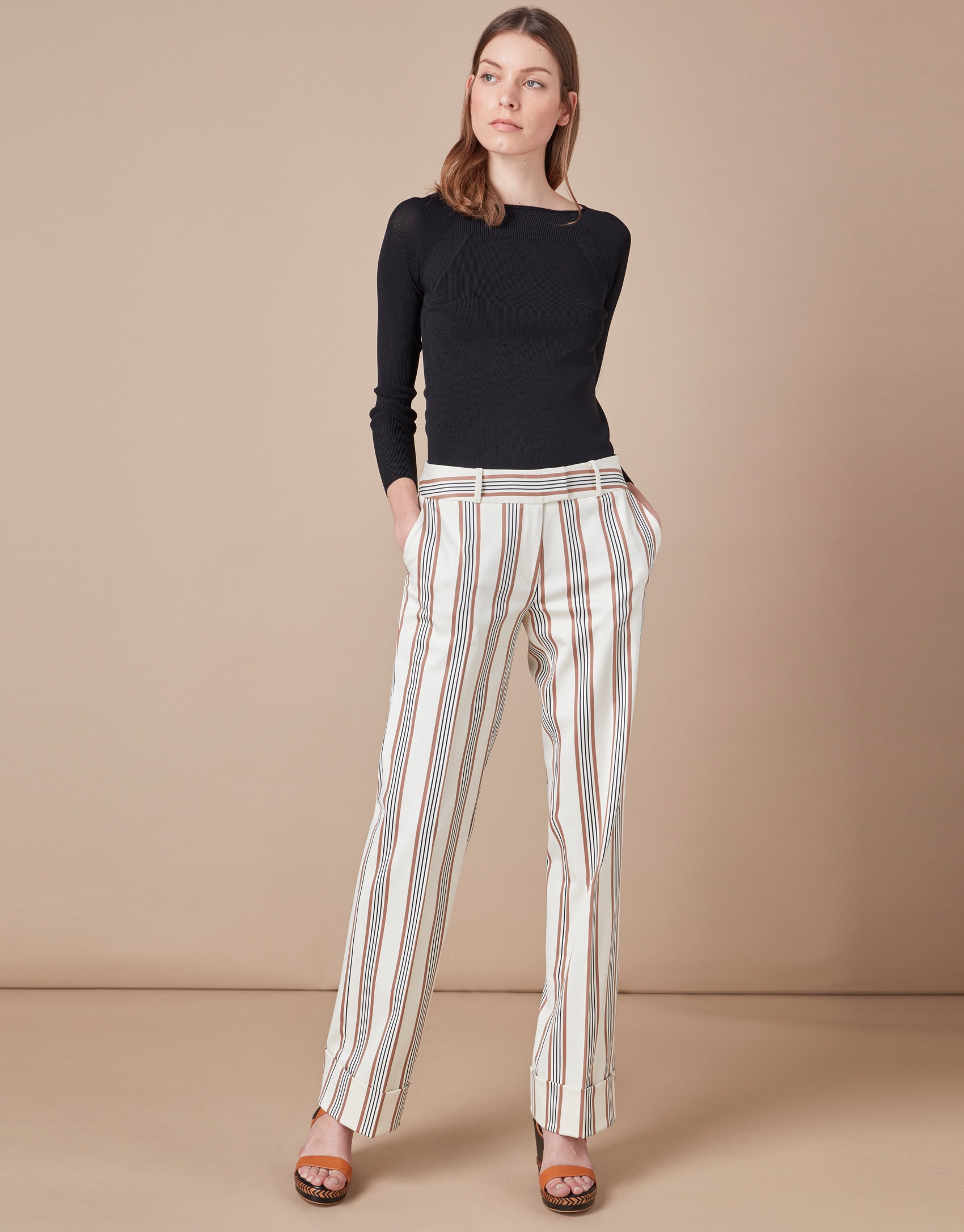 Beige striped, masculine cut, pants
