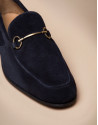 Blue leather moccasins with stirrup