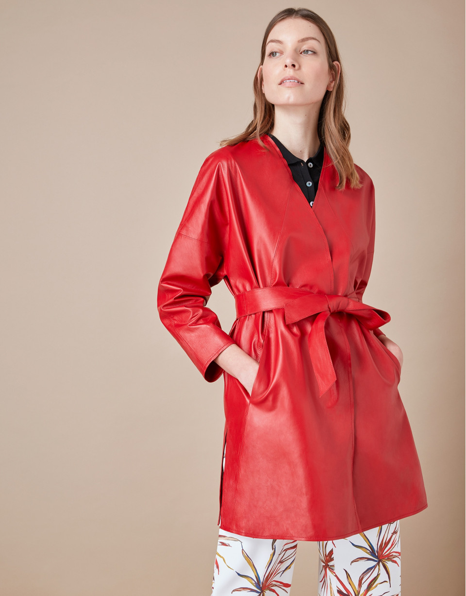 Red napa double-breasted coat