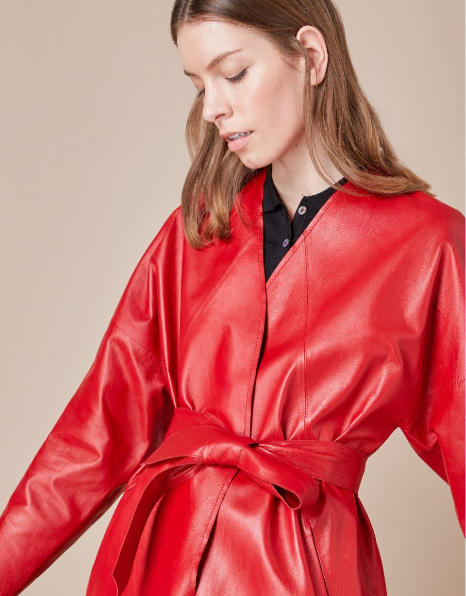 Red napa double-breasted coat